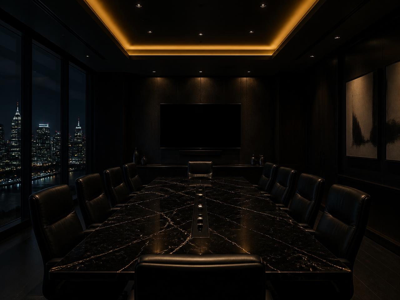 The TRIBE pitch room: a dark boardroom set for a live pitch night